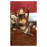 SILVER PLATE TEA POT & FLATWARE