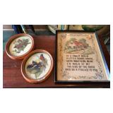 ANTIQUE FRAMED NEEDLE POINT & PAIR OF BIRD SCENES