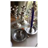 PAIR OF PEWTER & PAIR OF SILVERPLATE CANDLE HOLDER