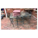 METAL PATIO TABLE W/GLASS TOP & 4 CHAIRS