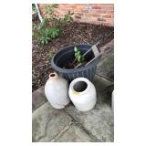 POTTERY JUG, VASE, PLASTIC PLANTER & METAL DECOR