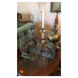 BRASS TABLE LAMP, ORANTE CANDLE HOLDER & HURRICANE