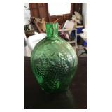 VNTG. GREEN GLASS FLASK GRAPE PRINT