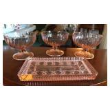 PINK DEPRESSION GLASS TRAY & SUNDAE GLASSES