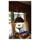 ANTIQUE METAL SHADE & MILK GLASS HANGING LAMP