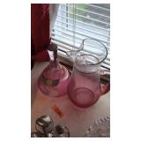 2 PINK GLASS PITCHER & SHERRY DECANTER