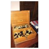 WOOD CARVED BOX W/ GAME PIECES, CHESS & DOMINOS