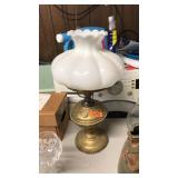 ANTQ. BRASS HURRICANE LAMP WITH MILK GLASS SHADE
