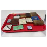TRAY OF ANTIQUE WALLETS, POCKET MIRRORS, CASES