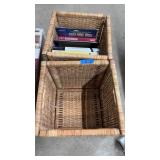 2 DECORATIVE WOVEN BASKETS W/ ASST BOOKS
