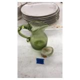 BLOWN GLASS GREEN PITCHER & MARBLE EGG