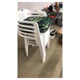 5 PLASTIC OUTDOOR CHAIRS W/ SOME CUSHIONS