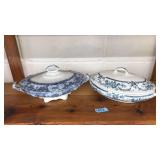 2 BLUE & WHITE CHINA LIDDED SERVING BOWLS