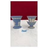 PAIR OF WEDGWOOD JASPERWARE BLUE AND WHITE VASES