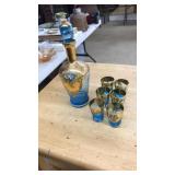 TURQUOISE FLORAL DECANTER W 6 SHOT GLASSES