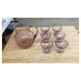 PINK DEPRESSION GLASS PITCHER AND 6 CUPS