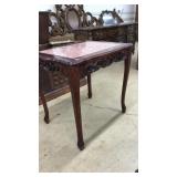 WOOD CARVED MARBLE ENLAYED PARLOR TABLE