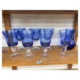 COBALT BLUE GLASS PITCHER & 7 GOBLETS