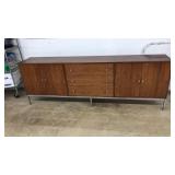 MID CENTURY CHROME & TEAK CREDENZA W. CHROME LEGS