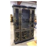 BLACK LACQUER CHINA CABINET W/ CHINIOISERIE DETAIL