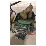 FLAT OF ASST MILITARY CLOTHES & BOOTS, BACKPACKS