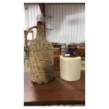 STONEWARE JUG & WOVEN AMBER GLASS BOTTLE