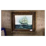 ORNATELY FRAMED OIL ON CANVAS SHIPSCAPE