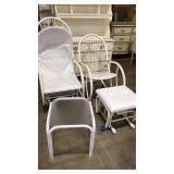 MID CENTURY METAL CHAIRS, OTTOMAN & SIDE TABLE