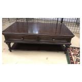 DARK WOOD COFFEE TABLE W/DRAWERS & UNDERSTORAGE