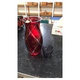 RED GLASS VASE & SMALL PURPLE CUP