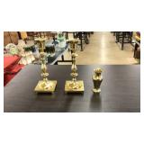 PAIR OF BRASS CANDLESTICKS & SMALL BUD VASE