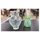 2 CRACKLE GLASS PITCHERS: GREEN & CLEAR