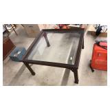 BEVEL GLASS COFFEE TABLE, MAHOGANY FRAME