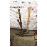 3 ASST. HAND TOOLS: PICK, AXE, GARDEN FORK