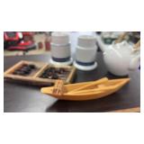 2 DANSK CANDLE WARMERS, ABACUS, TEA POT, WOOD BOAT