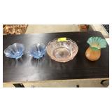 DEP.GLASS BOWL &CANDLE VOTIVES AND TULIP VASE
