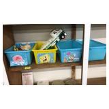 4 PLASTIC BINS W/ ASST. MATCHBOX CARS, HESS TRUCK