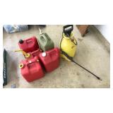 5 GAS CANS AND SPRAYER