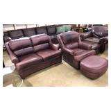 BURGUNDY ARMCHAIR, OTTOMAN AND LOVE SEAT