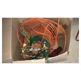 BOX OF ASST. EXTENSION CORDS AND GARDEN TOOLS
