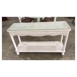 WHITE WICKER CONSOLE TABLE W/GLASS TOP