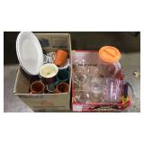 2 BOXES OF HOUSEHOLD: MUGS, PLATES, GLASSES,
