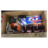 BOX LOT TOOLS, STRAPS, PLIERS ETC