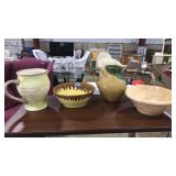 2 POTTERY PITCHERS, POTTERY BOWL AND WOOD BOWL