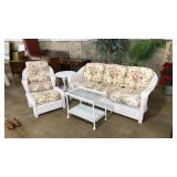 WICKER PATIO SOFA SET: SOFA, CHAIR, OTTOMAN, TABLE