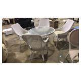WHITE WICKER PATIO DINING SET: TABLE & CHAIRS