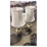 PAIR VNTG. PAINTED GLASS TABLE LAMPS W/BRASS BASE