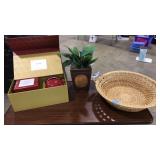 WICKER BASKET W/PORCELAIN HANDLES, TEA SET, FLOWER