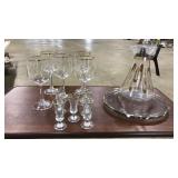 CLEAR GLASS & GOLD TRIM GLASSES, TRAY, COFFEE POT