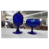 2 COBALT BLUE GLASS PEDESTAL COMPOTES